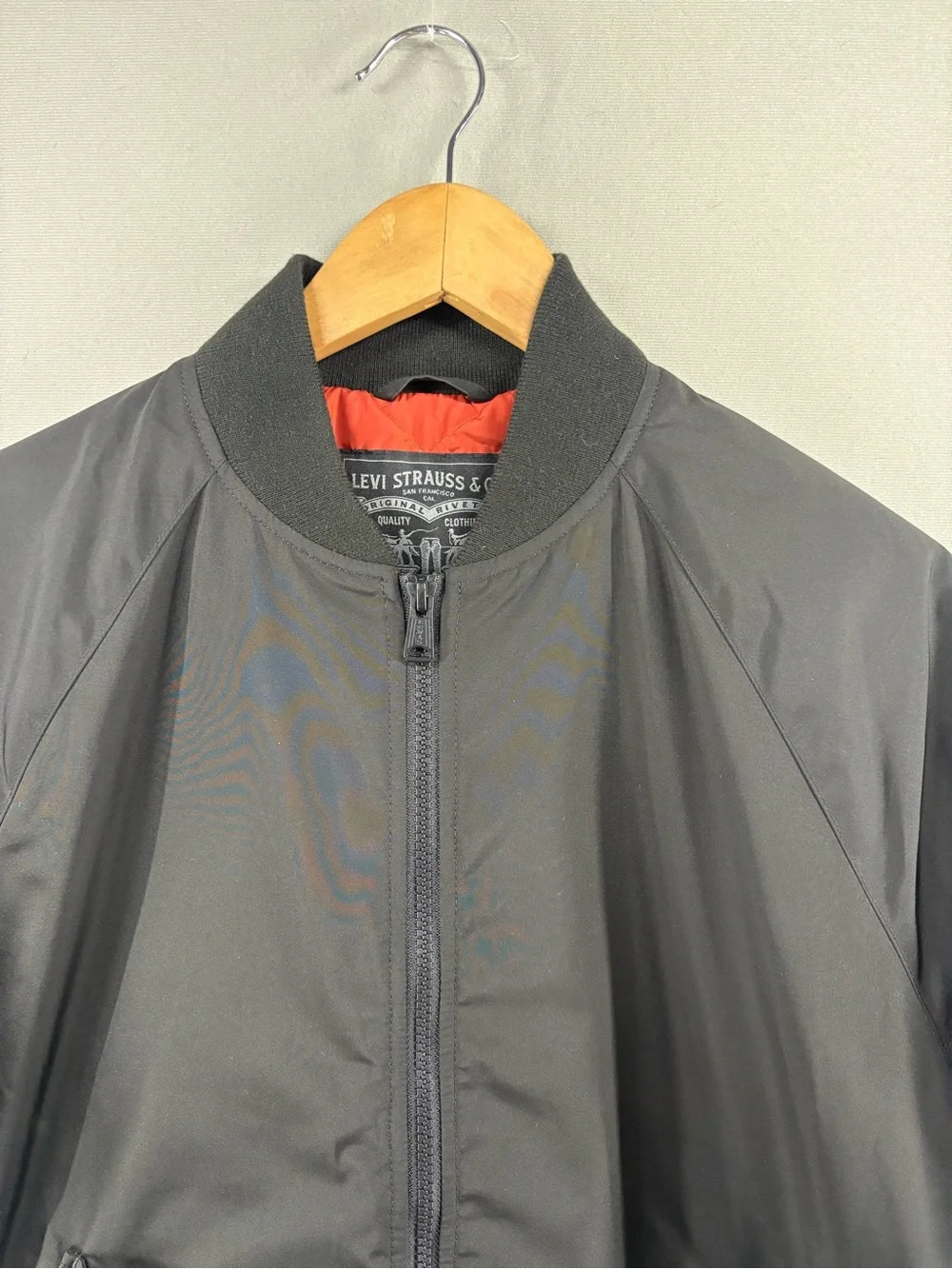Levis Jacket Mens Small Black Full Zip Quilted Lined Orange Bomber Flight